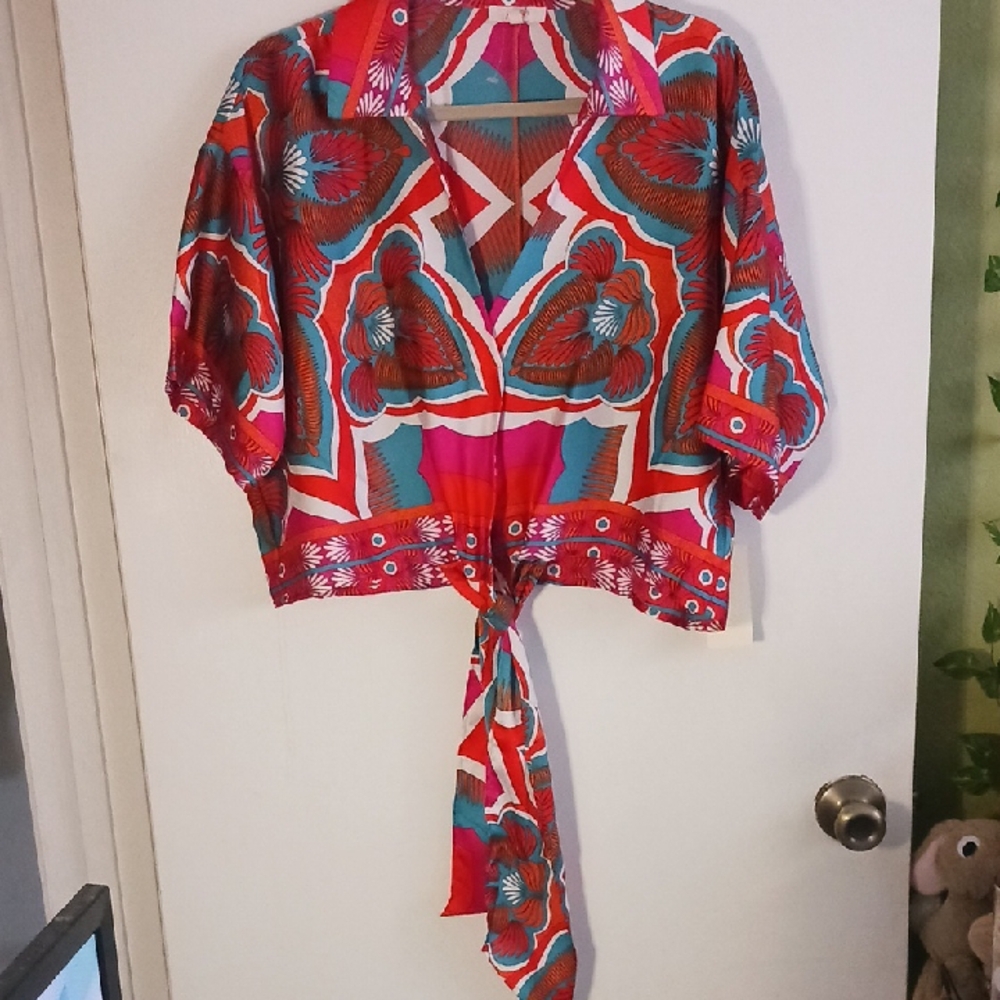 Peach BOHO PRINT CROPPED TIE TOP
